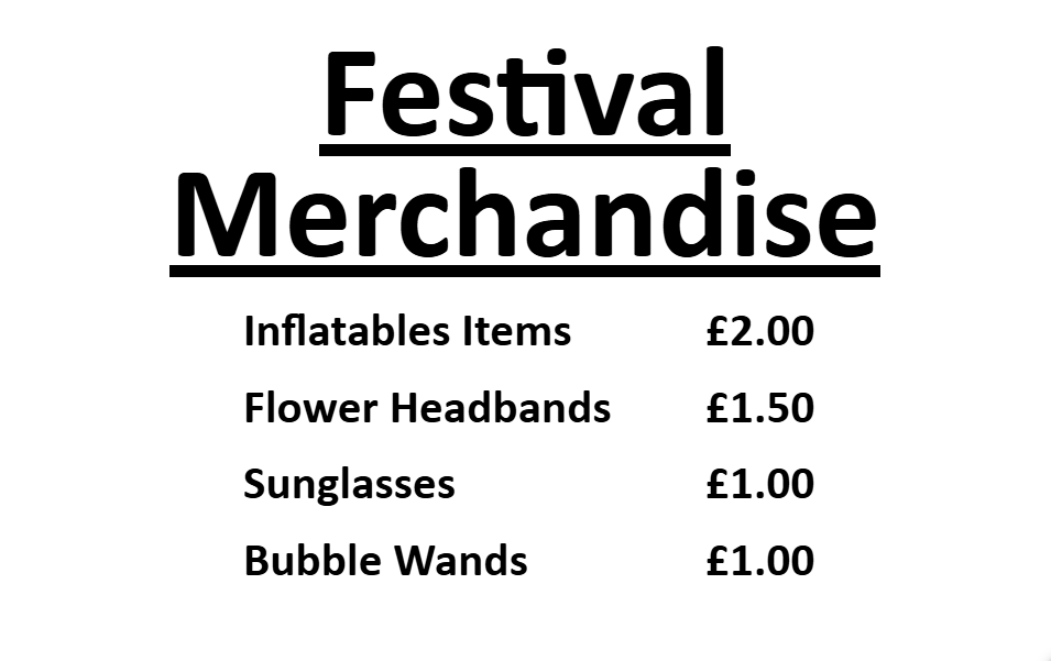 Festival merchandise price list